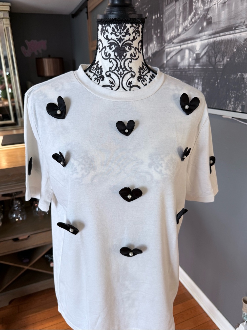 Women's White Short Sleeve Tee with Black Heart Appliqués